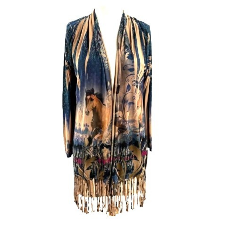 Fantazia Fringed Cardigan Women's M Colorful Horses Stretch USA Made Western 90s